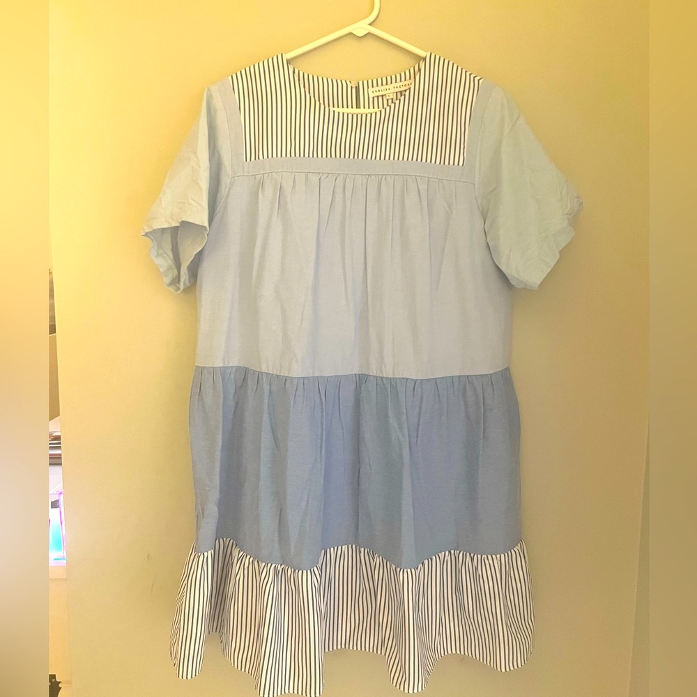 English Factory Blue Cotton Short Sleeve Dress